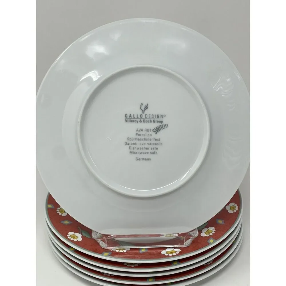 Villeroy & Boch Switch 1 Ava Red Flower Salad Side Plates Germany 8.25” Set Of 6